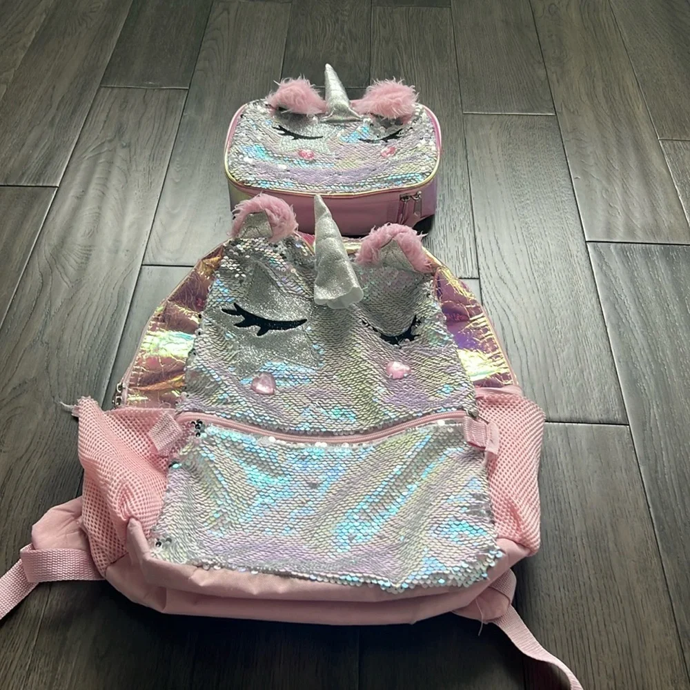 Iridescent sequenced unicorn school backpack with matching lunchbox